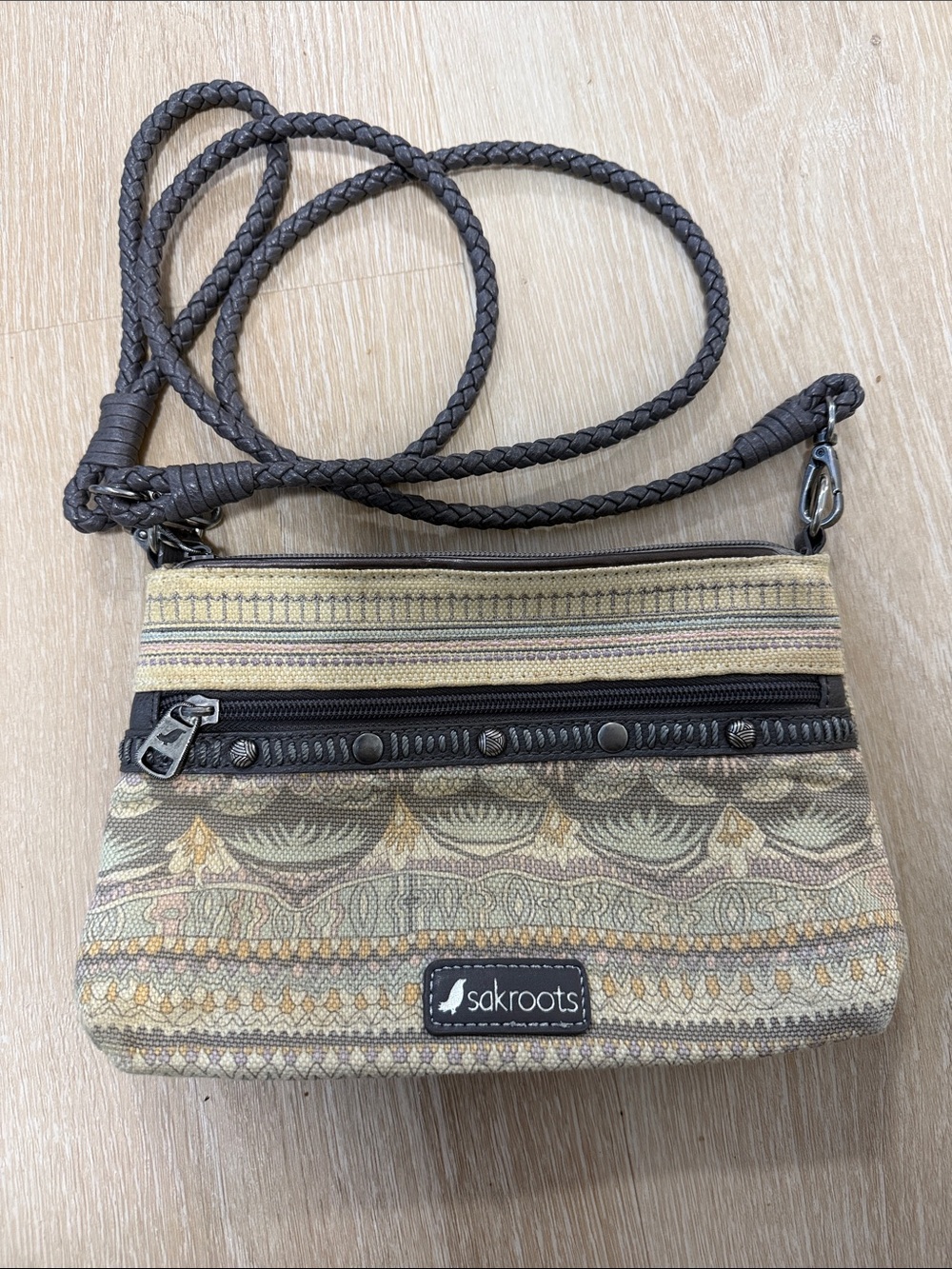 Sakroots Small Crossbody Bag in Beige, Brown, Olive and Gold Tones